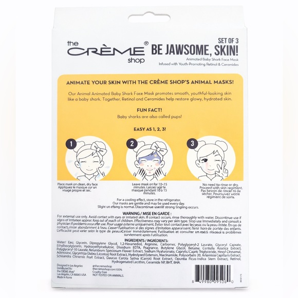 Bundle 2/$38$ | NWT - Korean Skincare Baby Shark Face Masks Set of 3 Sheets - Picture 2 of 2